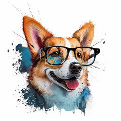 Happy smart Corgie dog wearing glasses colorful 