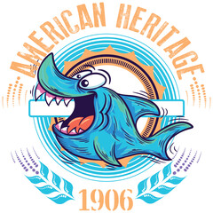 Illustration of shark with bright colors, design in cartoon background texts and armed in label style, tattoo line, California surf, tropical beaches