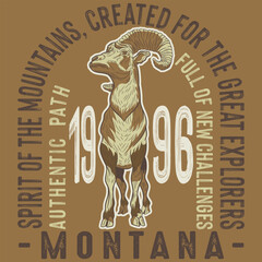 Mountain goat sheep for hunting outdoor zoo farm in old vintage retro style logo, t-shirt design with text and cool colors.