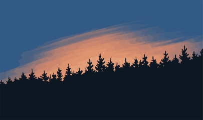 Fototapeta premium A dramatic night sky with the glow of the sun. Coniferous forest silhouette on a blue background. Beautiful fantastic landscape. Vector art illustration
