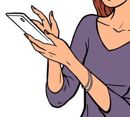 Modern young woman with a smartphone. Searching for information, shopping online. The concept of caring for the environment. Banner with white background. Cartoon vector illustration hand drawn