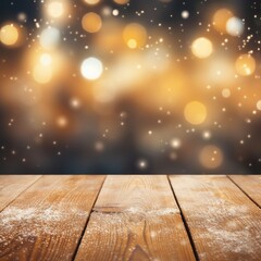 Naklejka na ściany i meble Bokeh background with golden glitter, lights and wooden table
