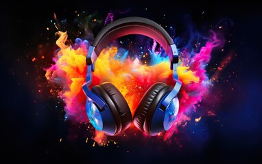 Stereo headphones exploding in festive colorful splash, dust and smoke with vibrant light effects on loud music sound, pulse, bass beats, ready for party - obrazy, fototapety, plakaty
