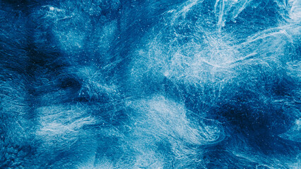 Shiny abstract background. Ethereal aura. Blue glitter ink mysterious splash cloud sparkles flow hypnotic swirls spreading in liquid water wave. - obrazy, fototapety, plakaty