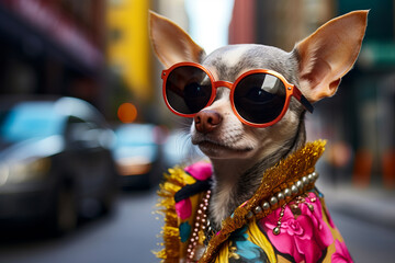 Small dog wearing sunglasses and dress on street. - obrazy, fototapety, plakaty