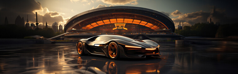 Futuristic Sports Car On Neon Highway. Powerful acceleration of a supercar on a night track with...