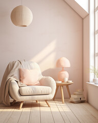 AI generated Cozy pink light home interior mock-up in pastel colors, 3d render