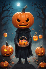 Happy Halloween, horror vibes horror cute chibi halloween characters in the dark smoked graveyard with lots of pumpkins