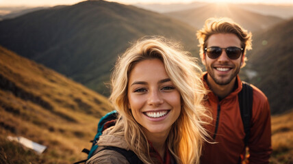 A cheerful couple of hikers taking selfies on the top of the mountain, millennial boy and girl enjoying the day laughing together looking at camera. Travelers, space for text