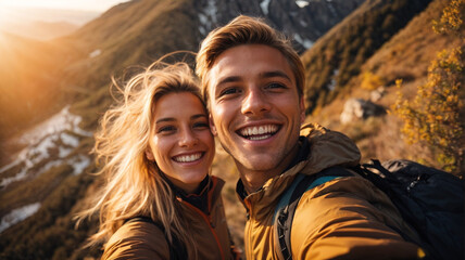 portrait of happy hiker couple taking selfie photo on top of mountain, Two travelers with backpack smiling at camera together, Influential travel blogger streaming using smart mobile phone