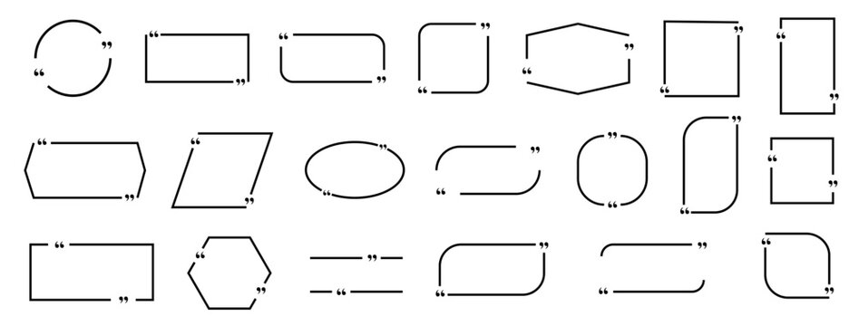 Quote box frame set. Texting quote boxes. Templates of texting black line quote frames for definition, remark, and citation design. Vector illustration.