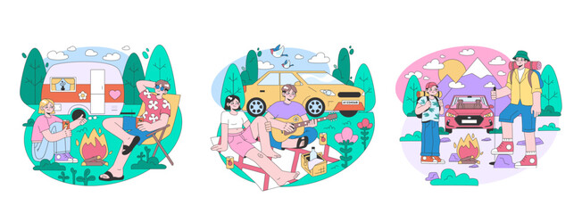 Road trip set. Young people or family going on vacation by a car. Characters driving automobile on holidays, traveling the world together. Flat vector illustration