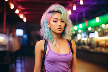 Generative ai young woman showcasing vibrant colored hair in a futuristic setting