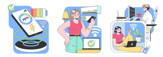 Smart Home Technology set. Modern devices integration for efficient living. Quick phone charging, remote air conditioning, wireless connectivity. Work and leisure in interconnected environment.