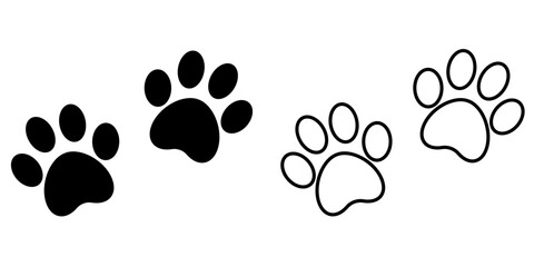 Black animal dog footprint paw	stamp, solid and outlined. Vector