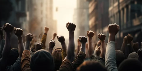 Fotobehang African American people in a crowd fighting and protesting in the street with raised fists against racism and racial discrimination, for change, freedom, justice and equality, Black Lives Matter © Eli Berr