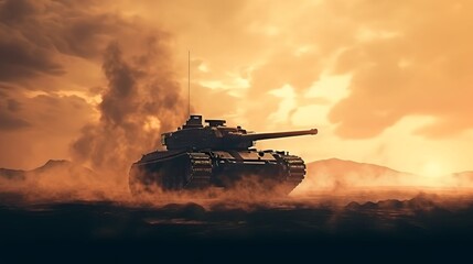 tanks fighting at sunset - obrazy, fototapety, plakaty