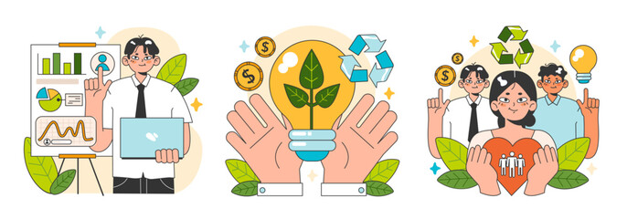 Social entrepreneurship set. Business' responsibility for impact on society and environment. Financing and implementing solutions for Sustainable development. Flat vector illustration