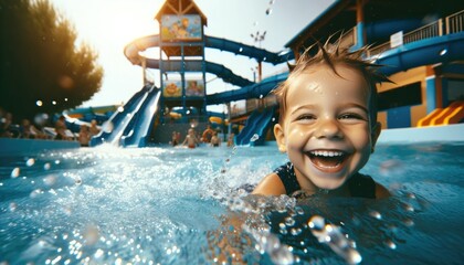 Hyper-realistic close up photo of a happy child enjoying the water in an aquapark