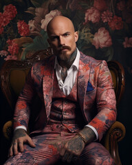 Generative ai bald man with mustache dressed in an elegant suit posing in fashion setting