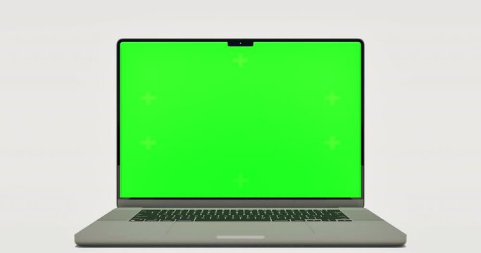 Empty Green Screen Display Laptop for Watching and Paste Background e Business Blog or Gaming App. Copy 3d Pc with Clear Chroma Key for Mockup. Concept Computer Technological on Video Call Close-Up 4k
