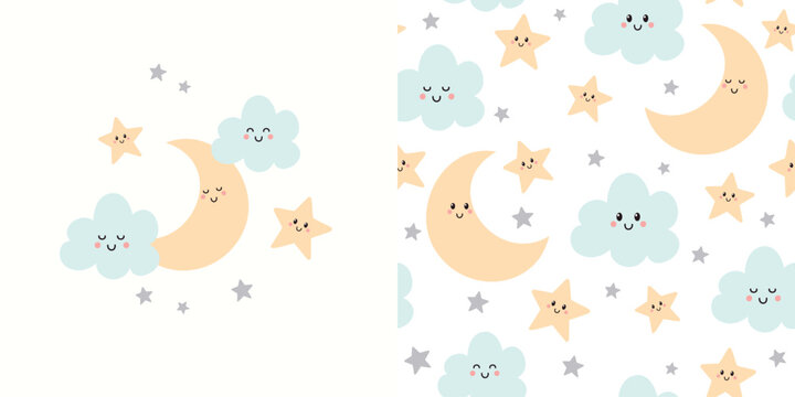 Fototapeta Cute sleeping moon card and seamless pattern. Background for kids with moon, stars and clouds. Vector illustration. It can be used for wallpapers, wrapping, cards, patterns for clothes and other.