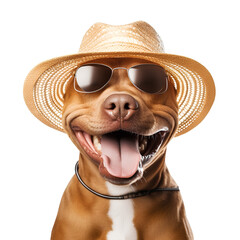 Dog wearing cool glasses and straw hat in summer clothes on transparent background PNG. Summer fun concept.