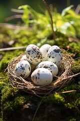 Some quail eggs in an outdoor setting 