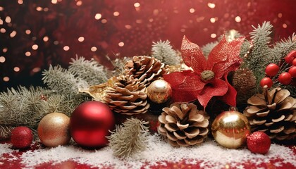 Navidad alegre. Decoración navideña con elementos festivos, confeti, ramas de abeto sobre fondo rojo y brillante, piñas y bolas de Navidad