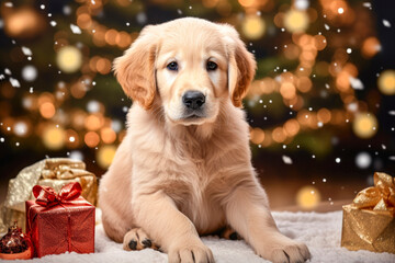 Golden retriever puppy with christmas gift generative ai