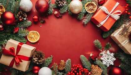 Navidad alegre. Bordes navideños con elementos festivos, confeti, ramas de abeto sobre fondo rojo y brillante. Espacio vacío en el centro. Bolas de Navidad - obrazy, fototapety, plakaty