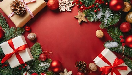 Fototapeta na wymiar Navidad alegre. Bordes navideños con elementos festivos, regalos, ramas de abeto sobre fondo rojo y brillante. Espacio vacío en el centro 