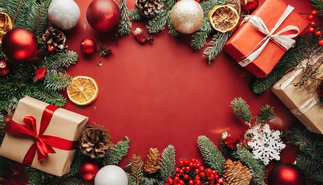 Navidad alegre. Bordes navideños con elementos festivos, confeti, ramas de abeto sobre fondo rojo y brillante. Espacio vacío en el centro. Bolas de Navidad