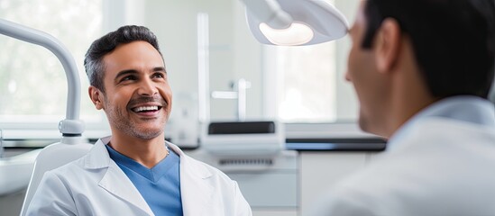 The Hispanic man visited the dental clinic for a routine check up where the dentist performed an X ray to examine his tooth and ensure oral health as odontology is a vital part of his medic