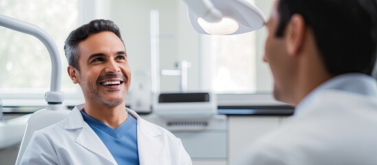 Fototapeta premium The Hispanic man visited the dental clinic for a routine check up where the dentist performed an X ray to examine his tooth and ensure oral health as odontology is a vital part of his medic