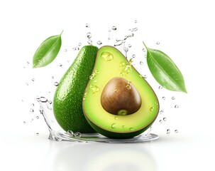 Half of sliced avocado with splashes of juice close-up, isolated on a white background