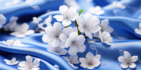 bright blue silk fabric with white flowers