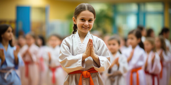 little smiling girl in a kimono in karate classes