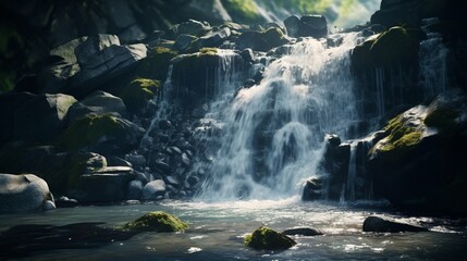 A close-up image of a gentle waterfall, the water flowing over smooth rocks and creating a serene, tranquil atmosphere.