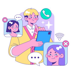 Youthful individual adeptly navigating a digital tablet, communicating with animated friends' avatars amidst floating call icons and signals. Flat vector illustration.