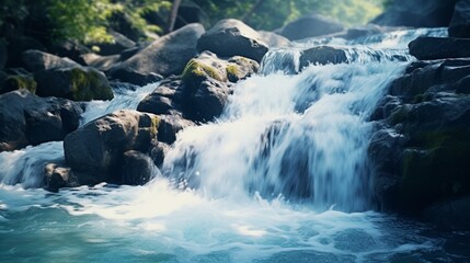 A close-up image of a gentle waterfall, the water flowing over smooth rocks and creating a serene, tranquil atmosphere.