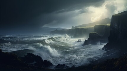 A coastal scene with rugged cliffs overlooking a turbulent ocean, with waves crashing against the shore under a stormy sky.