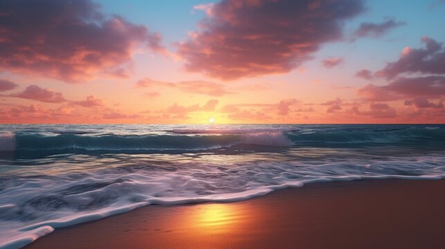 A breathtaking sunrise over a calm ocean, with the horizon blending seamlessly into the sky, and gentle waves lapping at a sandy beach.