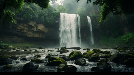 A dynamic, high-resolution image of a powerful waterfall during the rainy season, showcasing the raw force and beauty of nature.