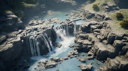 A high-angle shot of a waterfall winding through a rocky landscape, highlighting the contrast between the soft flow of water and the hard stone.