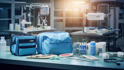 A Blue Bag Filled with Medical Supplies Resting on a Table