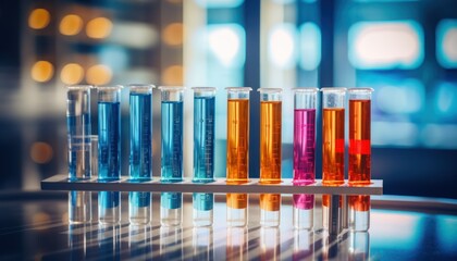 A Spectrum of Colorful Liquids in Neatly Arranged Test Tubes