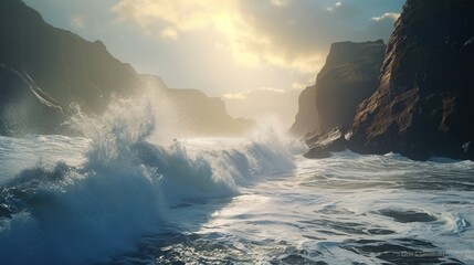 A dramatic view of towering sea cliffs battered by powerful ocean waves, with sea spray and the roar of the water dominating the scene.