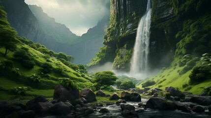 A high-definition image capturing the majestic beauty of a towering waterfall cascading down a rugged cliff, surrounded by lush greenery.