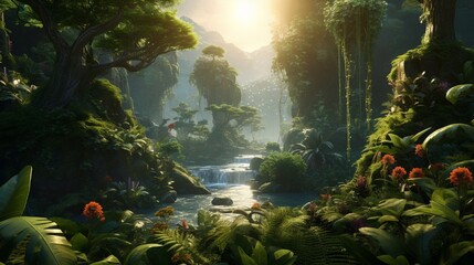 A high-definition image of a dense rainforest, rich with biodiversity, showcasing the lush greenery and vibrant flora under a bright midday sun.
